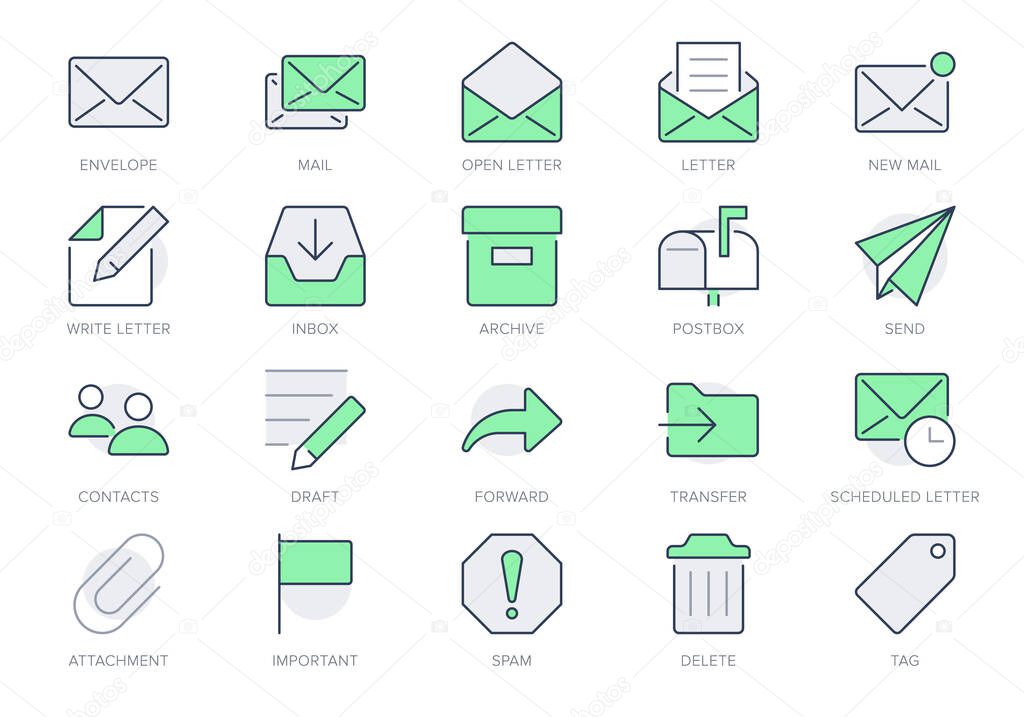 Mail line icons. Vector illustration include icon - postbox, label, letter, email, envelope, spam, document attachment outline pictogram for postal service. Green Color, Editable Stroke