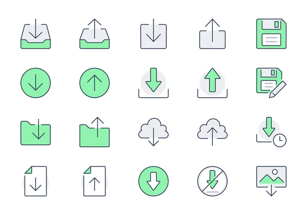 Download lijn pictogrammen. Vector illustratie zijn pictogram - uploaden, cloudopslag, map, pijl, document, diskette, floppy disk outline pictogram voor web-knop. Groene kleur, bewerkbare beroerte — Stockvector