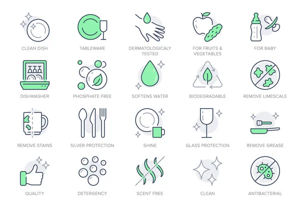 Iconos de línea de lavado de platos. La ilustración vectorial incluye iconos: desinfección, detergente biodegradable, cuidado de la piel, pictograma de contorno de jabón para lavavajillas para la limpieza de vajilla. Color verde, Carrera editable — Archivo Imágenes Vectoriales