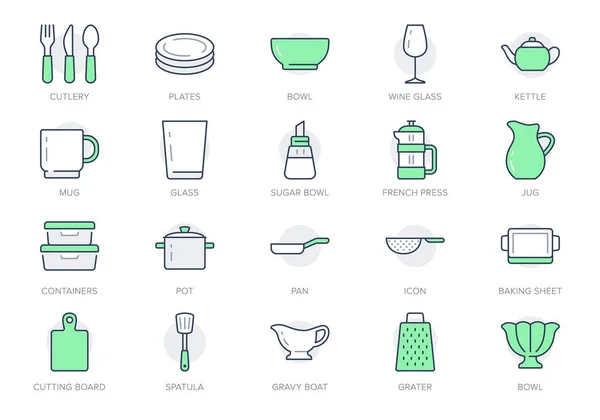 Kitchen utensil line icons. Vector illustration include icon - tableware, dish, casserole spatula, plate, wineglass, cup, mug, frenchpictogram for crockery. Green Color. Editable Stroke — Vetor de Stock