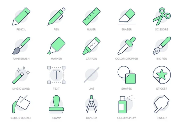 Drawing tool line icons. Vector illustration include icon - pencil, paintbrush, divider, magic wand, wax crayon, marker outline pictogram for stationery items. Green Color, Editable Stroke — Stockvector
