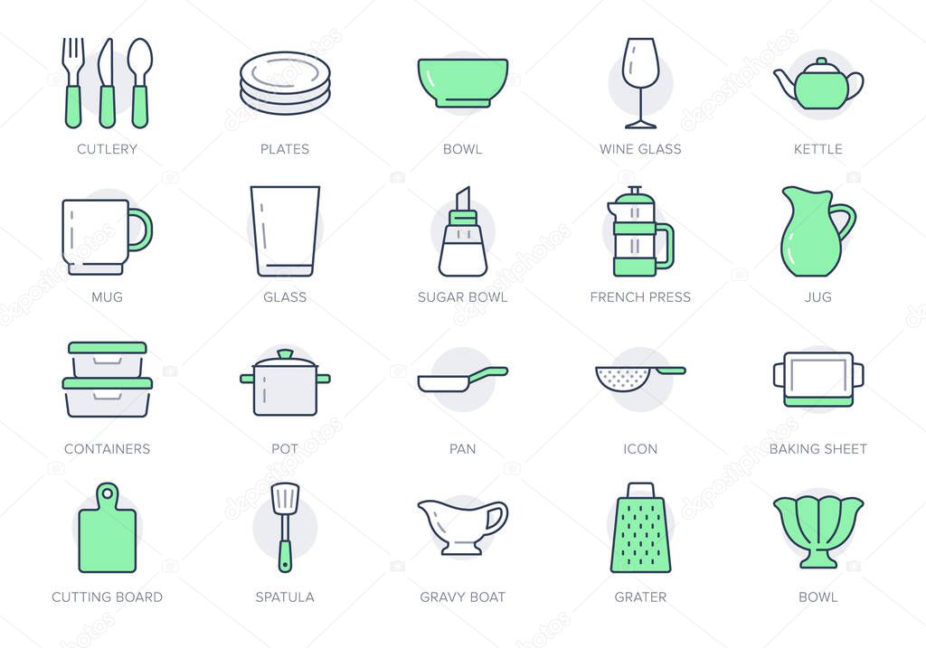 Kitchen utensil line icons. Vector illustration include icon - tableware, dish, casserole spatula, plate, wineglass, cup, mug, frenchpictogram for crockery. Green Color. Editable Stroke
