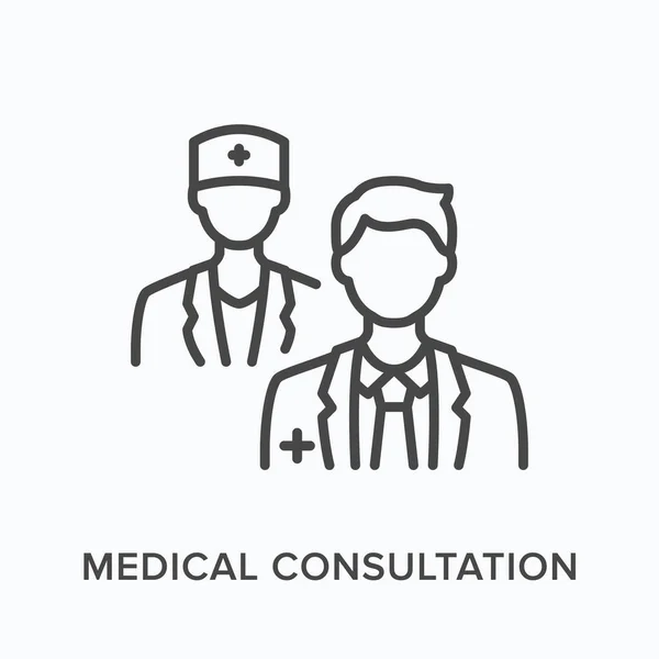 Consultation médicale icône de ligne plate. Illustration vectorielle de deux personnes médicales. Pictogramme linéaire mince noir pour le bilan de santé — Image vectorielle
