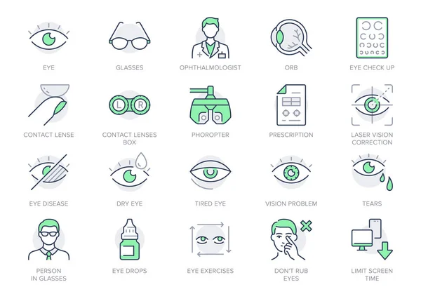 Ikony oftalmologie. Vektorové ilustrace zahrnují ikonu - kontaktní čočku, oční bulvu, brýle, slepotu, oční kontrolu, obrys piktogramu pro optometristické vybavení. Zelená barva, upravitelný tah — Stockový vektor