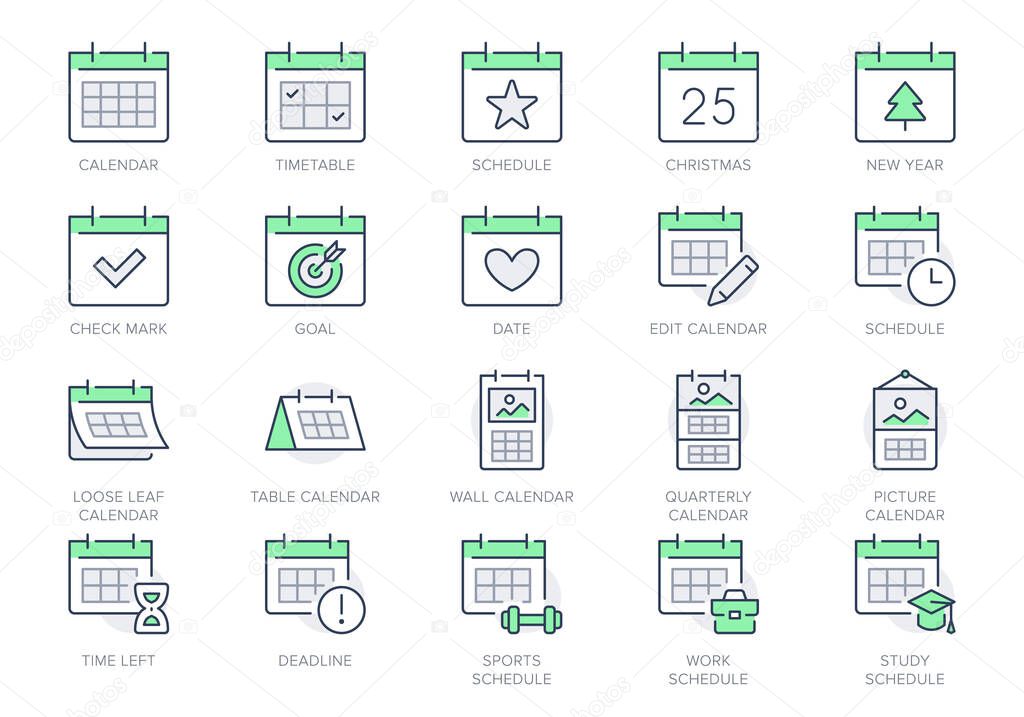 Calendar line icons. Vector illustration include icon - hourglass, deadline, timetable, deadline, agenda, sandglass outline pictogram for syllabus schedule. Green Color, Editable Stroke