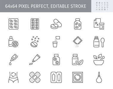 Pharmacy line icons. Vector illustration include icon - rx, effervescent pill, blister, sachet, bandage, capsule bottle outline pictogram for drug medication. 64x64 Pixel Perfect, Editable Stroke clipart