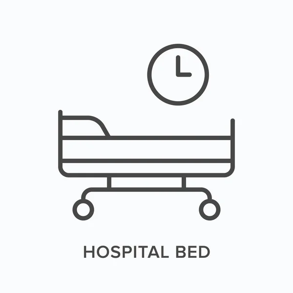 Sjukhussäng platt linje ikon. Vektor skissera illustration av klinisk bår. Svart tunn linjär piktogram för sjukhusutrustning — Stock vektor