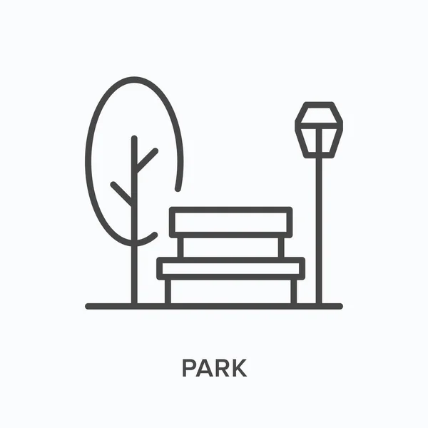 Ícone de linha plana do parque. Desenho vetorial ilustração de árvore, candeeiro e banco. Pictograma linear fino preto para lugar de natureza urbana — Vetor de Stock