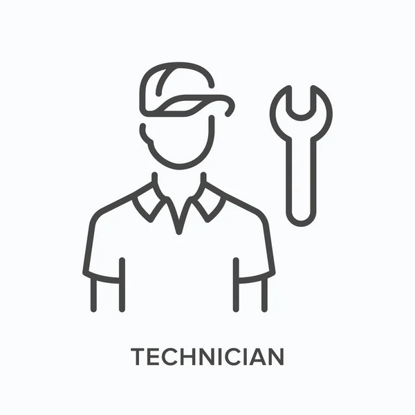 Ikon garis datar teknisi. Vektor menguraikan ilustrasi karyawan profesional dan kunci inggris. Pictogram linear tipis hitam untuk tukang - Stok Vektor