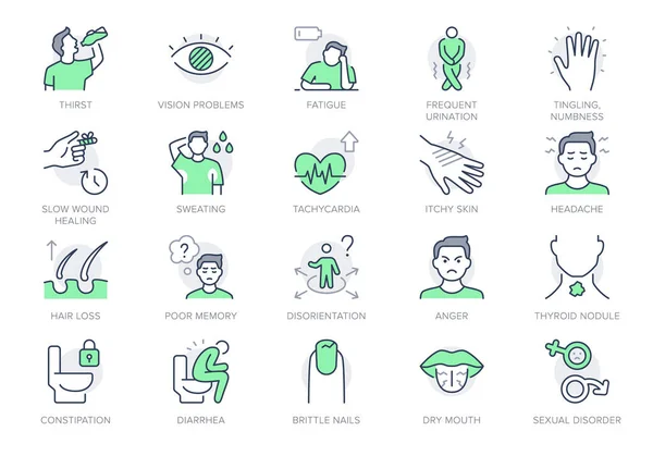 Diabetes symptoms line icons. Vector illustration include icon - sexual loss, diarrhea, disorientation, depression outline pictogram for endocrinology problems. Green Color, Editable Stroke — Stock Vector