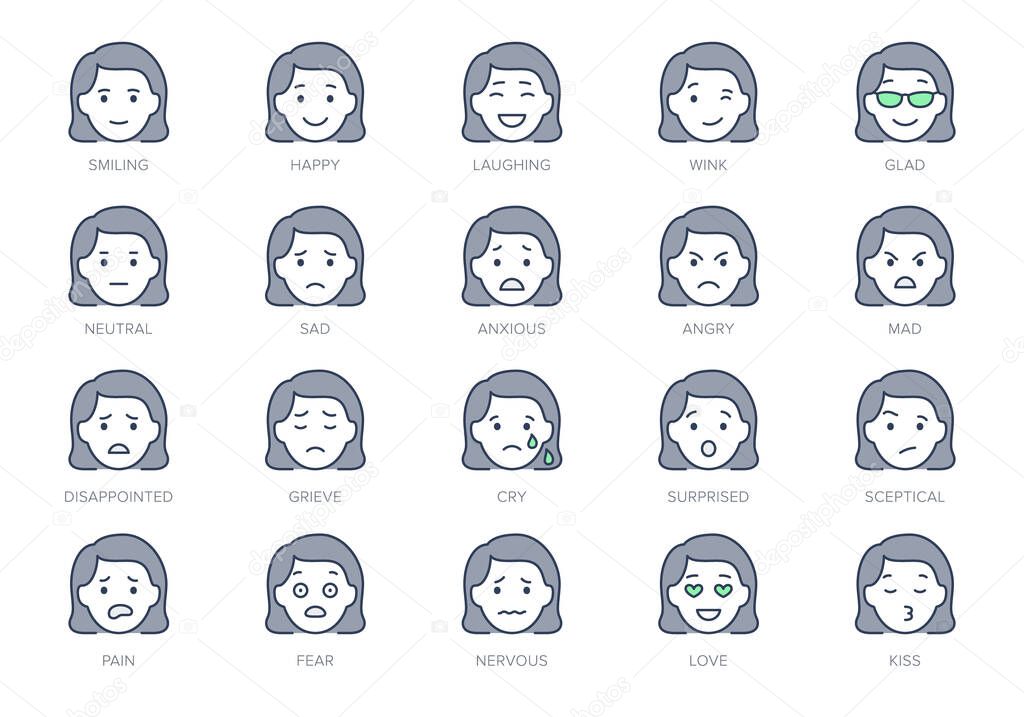 Emoticons line icons. Vector illustration include icon - mental health, worry, laugh, disappointed, confused, outline pictogram for woman character expression. Green Color, Editable Stroke