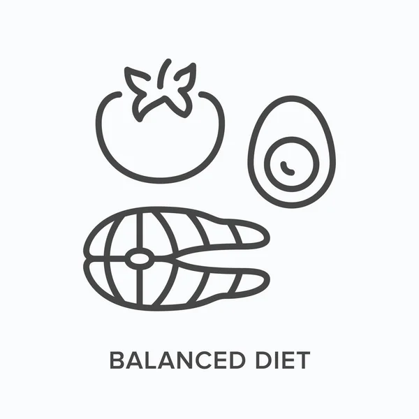 Balanced diet flat line icon. Vector outline illustration of tomato, egg and fish steak. Black thin linear pictogram for healthy food — Stock Vector