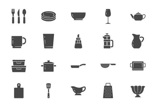 Utensílios de cozinha ícones planos. Ilustração vetorial incluem ícone - utensílios de mesa, prato, panela, espátula de caçarola, placa, copo, caneca, pictograma de silhueta de glifo francês para louças — Vetor de Stock