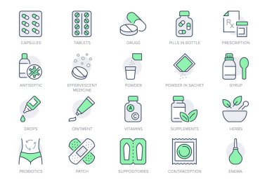Pharmacy line icons. Vector illustration include icon - rx, effervescent pill, blister, sachet, bandage, capsule bottle outline pictogram for drug medication. Green Color, Editable Stroke clipart