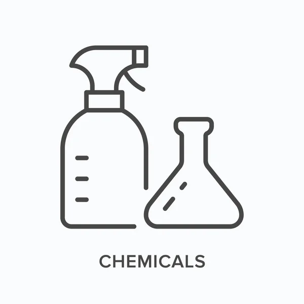 Icono de línea plana de productos químicos. Esquema vectorial ilustración de spray y vaso de precipitados. Pictograma lineal delgado negro para matraces de laboratorio — Archivo Imágenes Vectoriales