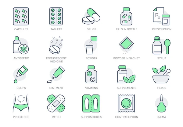 Gyógyszertár ikonok. Vektor illusztráció tartalmazza ikon - rx, pezsgőtabletta, buborékcsomagolás, tasak, kötés, kapszula palack vázlat piktogram gyógyszer. Zöld szín, szerkeszthető stroke — Stock Vector