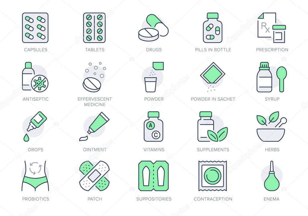 Pharmacy line icons. Vector illustration include icon - rx, effervescent pill, blister, sachet, bandage, capsule bottle outline pictogram for drug medication. Green Color, Editable Stroke