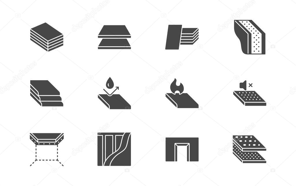 Drywall flat icons. Vector illustration include icon - plasterboard, soundproof, acoustic protection, ceiling board, glyph silhouette pictogram for wallboard material