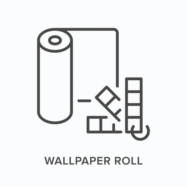 Tapet rulla platt linje ikon. Vektor skissera illustration av rulla och palett. Svart tunn linjär piktogram för heminredning — Stock vektor