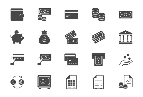 Iconos planos de dinero. La ilustración vectorial incluye icono: cambio de divisas, pago, retiro, billetera, tarjeta de crédito, factura, pictograma de silueta de glifo de recibo para la banca — Archivo Imágenes Vectoriales