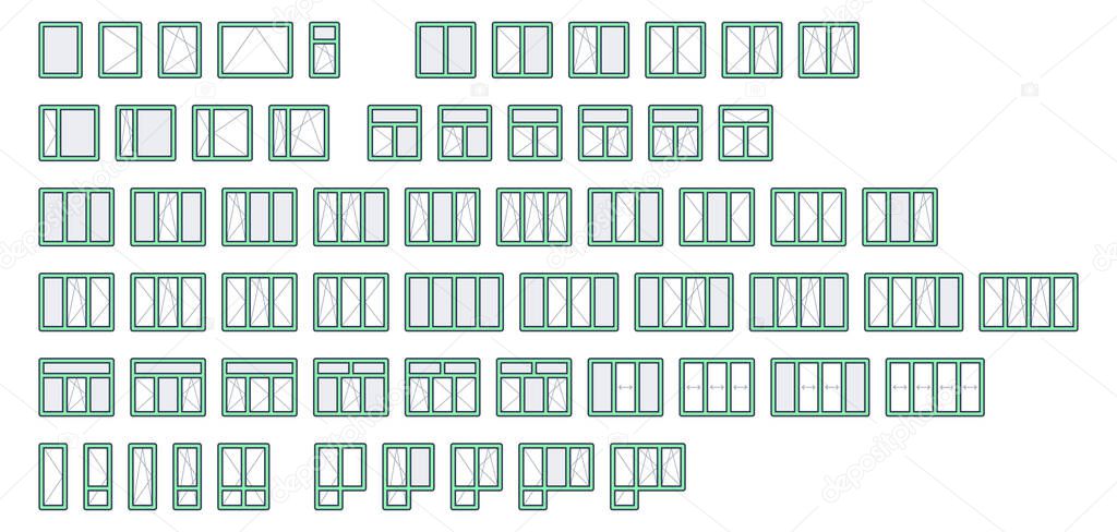 Windows calculator line icons. Vector illustration include icon - sliding, rectangular, double section, balcony door outline pictogram for glass price estimator. Green Color, Editable Stroke.