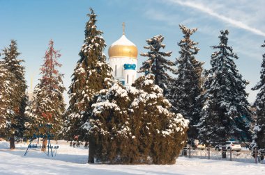 Kış güneşli bir gün. Mavi gökyüzü ve kar beyazı tapınağın arka planında ince şehir karla kaplı ladin..