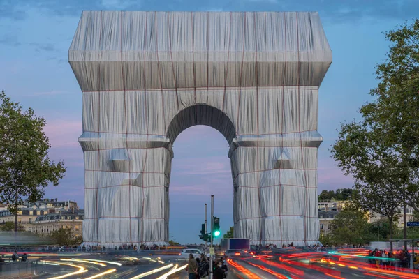 Párizs Franciaország 2021 Place Charles Gaulle Arc Triomphe Éjjel Csomagolva — Stock Fotó