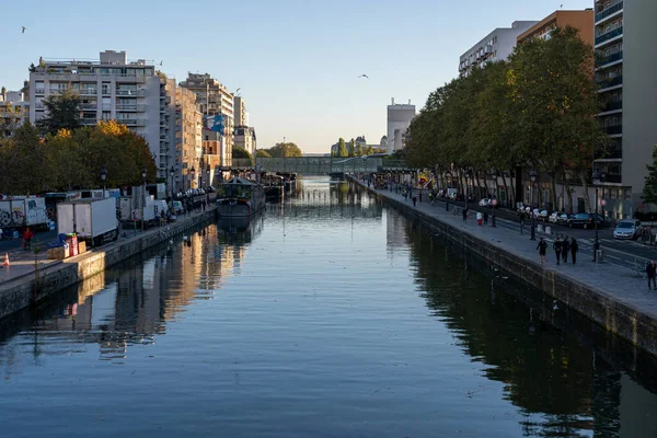 Paris França 2021 Vista Canal Ourcq Partir Ponte Elevatória Nascer — Fotografia de Stock