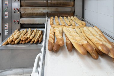 Esnaf fırıncı ve pasta şefi. Fransız ekmeği ekmek fırınında pişiyor.