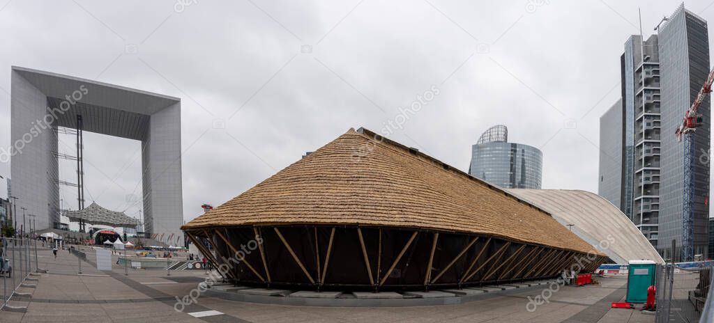 La Defense district. View of Arch of La Defense and monumental bamboo pavilion from the esplanade