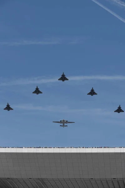 Повітряний Показ Військові Літаки Літають Над Районом Оборони — стокове фото