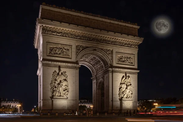 Площа Шарля Голля Arc Triomphe Супер Місяцем Вночі — стокове фото