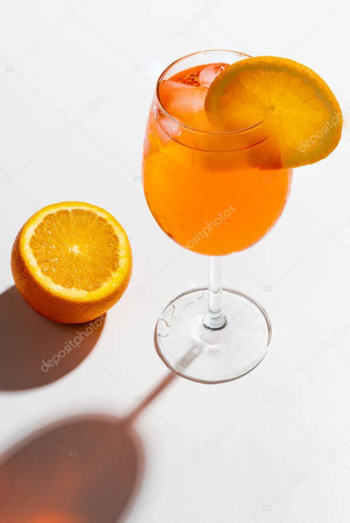 Studio shot of a Spritz cocktail with an orange slice