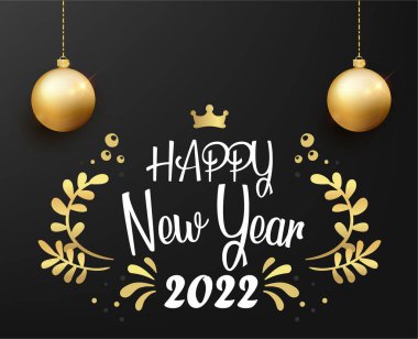 Mutlu yıllar 2022 Tasarım Soyut Tatil Vektörü İllüstrasyonu Siyah Arkaplan Beyaz ve Altın
