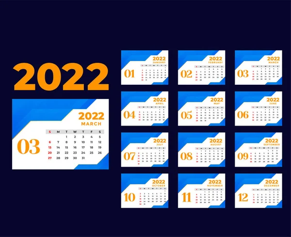 Calendario 2022 Marzo Mes Feliz Año Nuevo Diseño Abstracto Vector — Archivo Imágenes Vectoriales