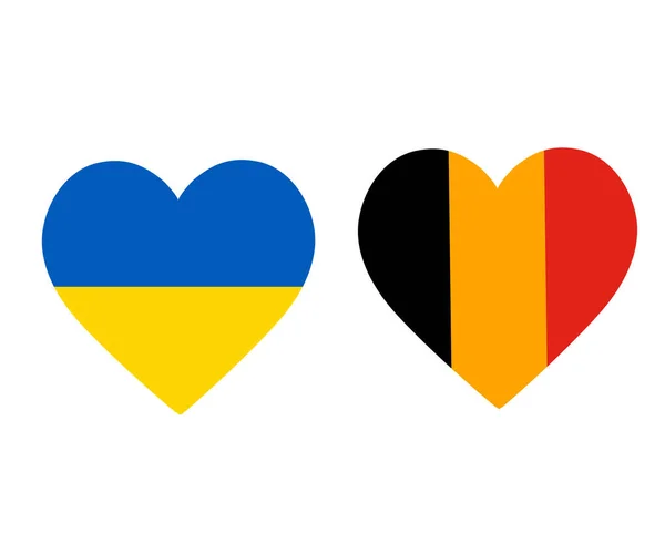 Banderas Ucrania Bélgica Emblema Europa Nacional Iconos Del Corazón Vector — Vector de stock