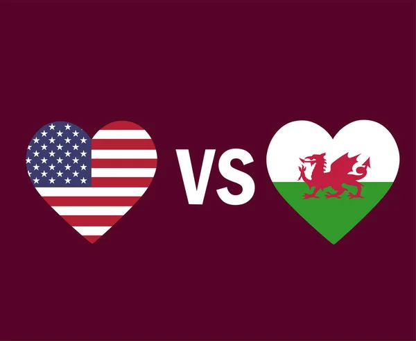 Usa Och Wales Flagga Hjärtsymbol Design Europa Och Nordamerika Fotboll — Stock vektor