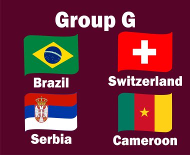 İsviçre Brezilya Sırbistan ve Kamerun Bayrak Kurdelesi G Grubu Ülke Sembol Tasarımı Futbolu Son Vektör Ülkeleri Futbol Takımları İllüstrasyonu