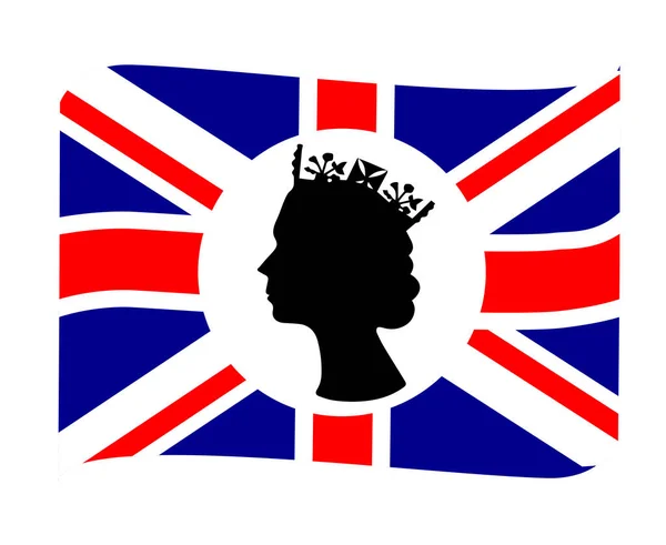 Elizabeth Queen Face Blanco Negro Con Bandera Británica Del Reino — Vector de stock