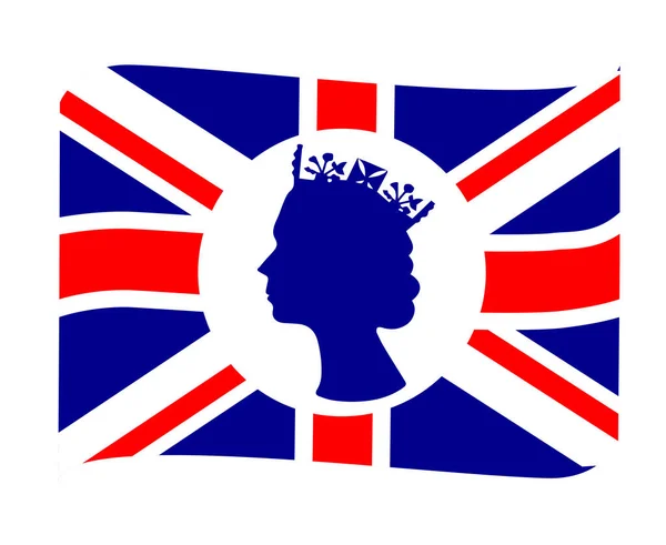 Elizabeth Queen Face Blanco Azul Con Bandera Británica Del Reino — Vector de stock