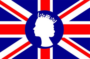 Elizabeth Queen, Birleşik Krallık Bayrağı Ulusal Avrupa Amblemi Simge Vektör İllüstrasyonu Soyut Tasarım Elemanı ile Beyaz Yüzle Karşı Karşıya