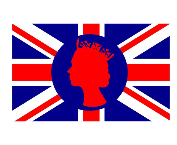 Elizabeth Queen Face Rojo Con Bandera Británica Del Reino Unido — Vector de stock