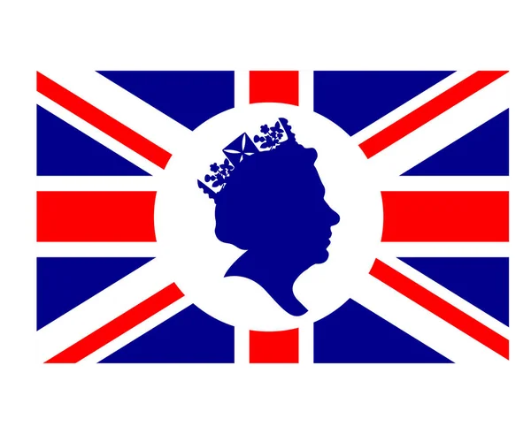 Queen Elizabeth Face White Blue British United Kingdom Flag National — Stock Vector