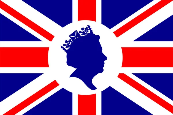 Reine Elizabeth Visage Blanc Bleu Avec Drapeau Royaume Uni Britannique — Image vectorielle