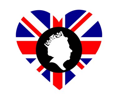 Kraliçe Elizabeth, İngiltere Ulusal Bayrağı, Avrupa Amblemi, Simge Yürek Vektör İllüstrasyonu, Soyut Tasarım Elementi ile Siyah ve Beyaz Yüzleşir