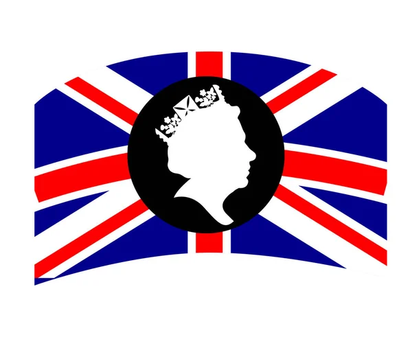 Drottning Elizabeth Ansikte Svart Och Vitt Med Brittiska Storbritannien Flagga — Stock vektor