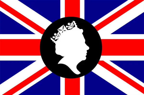 Rainha Elizabeth Rosto Preto Branco Com Bandeira Britânica Reino Unido — Vetor de Stock