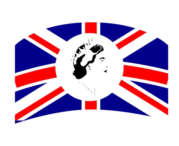 Queen Elizabeth Face Portrait Black British United Kingdom Flag National — Stock Vector