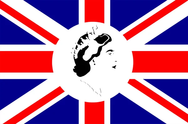 Portrait Visage Reine Elizabeth Noir Avec Drapeau Royaume Uni Britannique — Image vectorielle