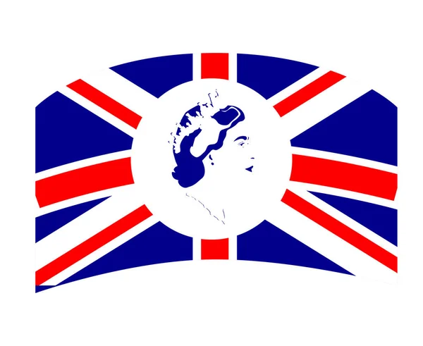 Koningin Elizabeth Gezicht Portret Blauw Met Brits Verenigd Koninkrijk Vlag — Stockvector